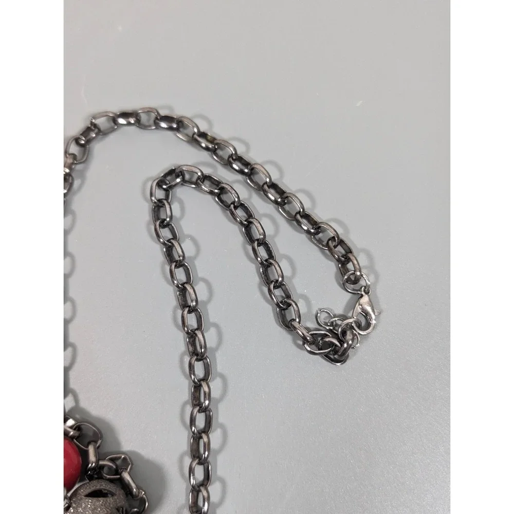 Gunmetal Filigree Ball Pink Bead Layering Necklace Goth Boho Y2K‎ 42 inch